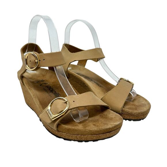 Birkenstock Papillio Soley Wedge‎ Sandals Nubuck Leather Beige Tan 38 US 7 7.5 - Picture 5 of 14